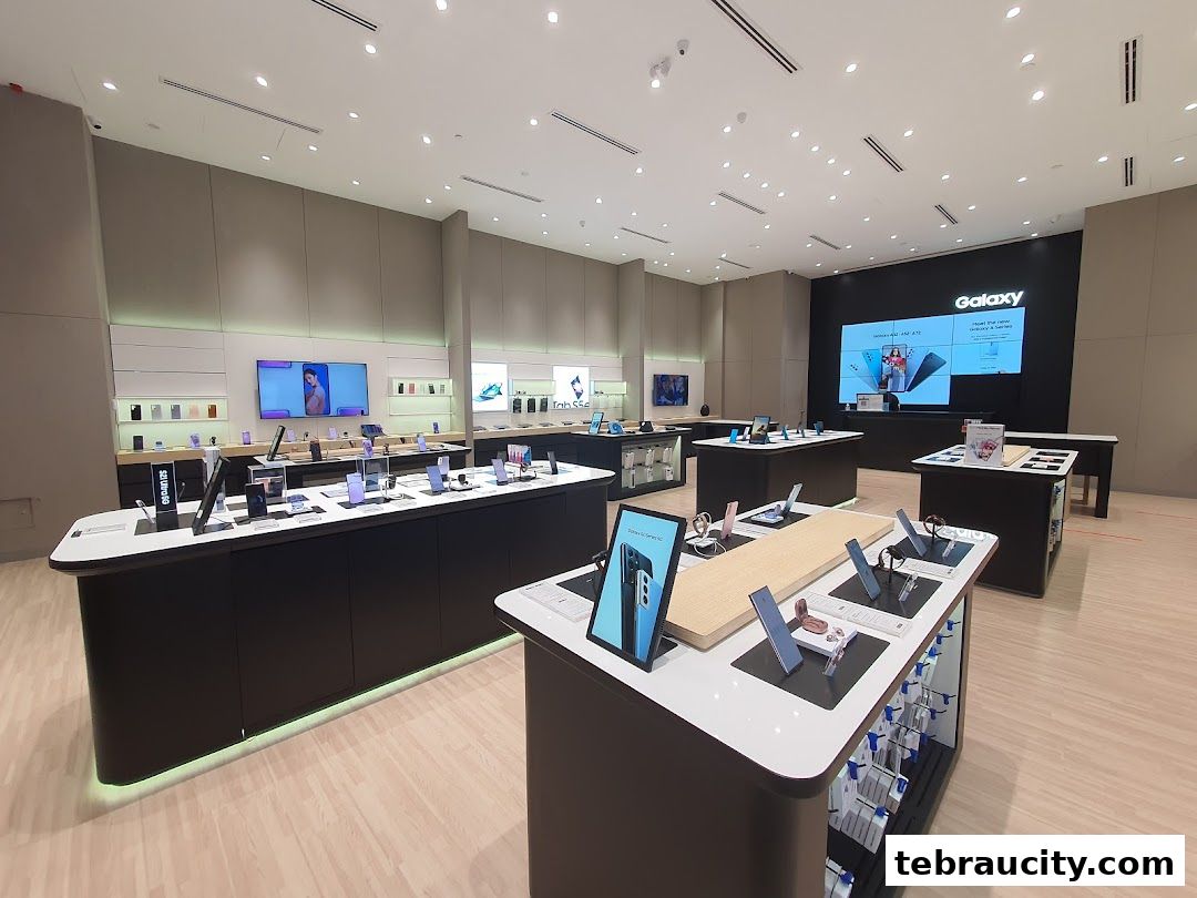 Interior of a modern Samsung Experience Store showcasing various Galaxy devices on display.