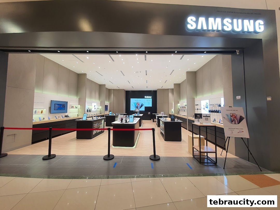 The entrance of a modern Samsung Experience Store showcasing various electronic products.