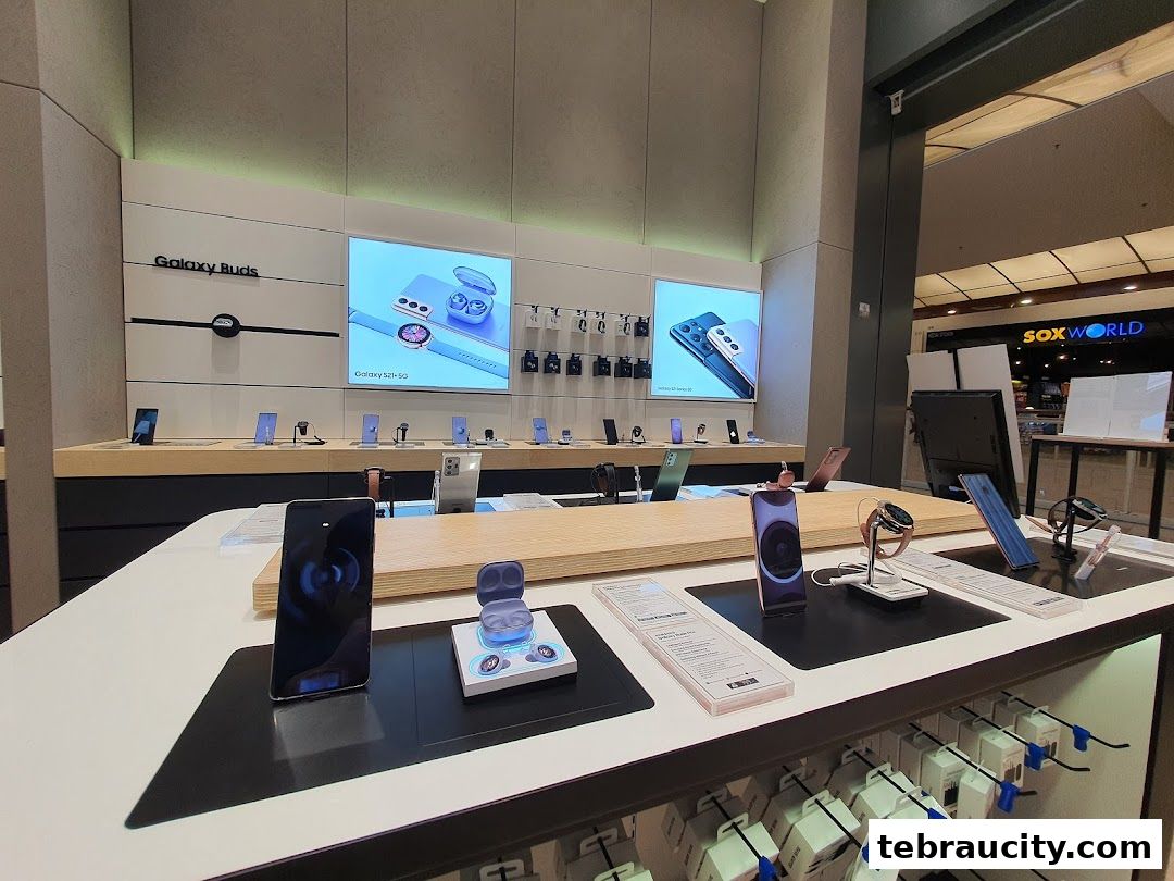 Interior view of a Samsung Experience Store showcasing Galaxy Buds, phones, and watches on display.