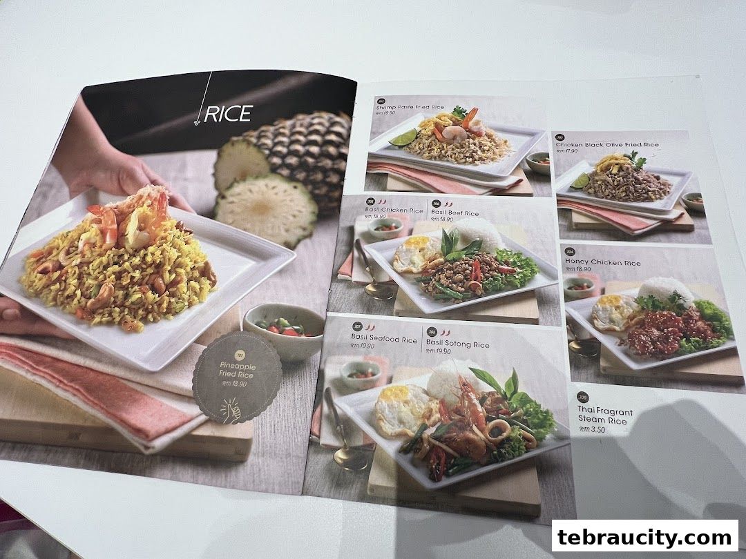 A menu page showcasing various rice dishes with appetizing food photography.