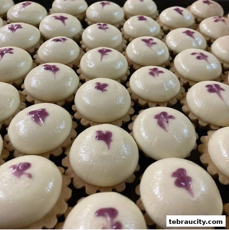 A close-up shot of many small, round desserts with white frosting and purple drizzle.