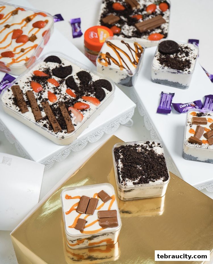 A variety of desserts in clear plastic containers, topped with cookies, strawberries, and chocolate bars.