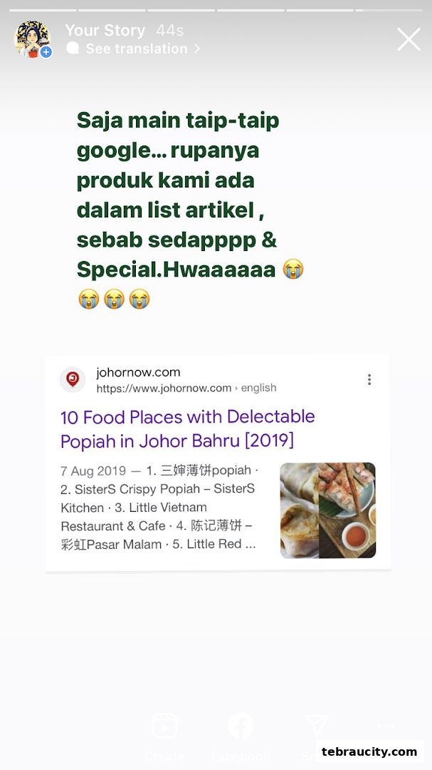 A screenshot of a social media story highlighting a food article featuring the shop's popiah.