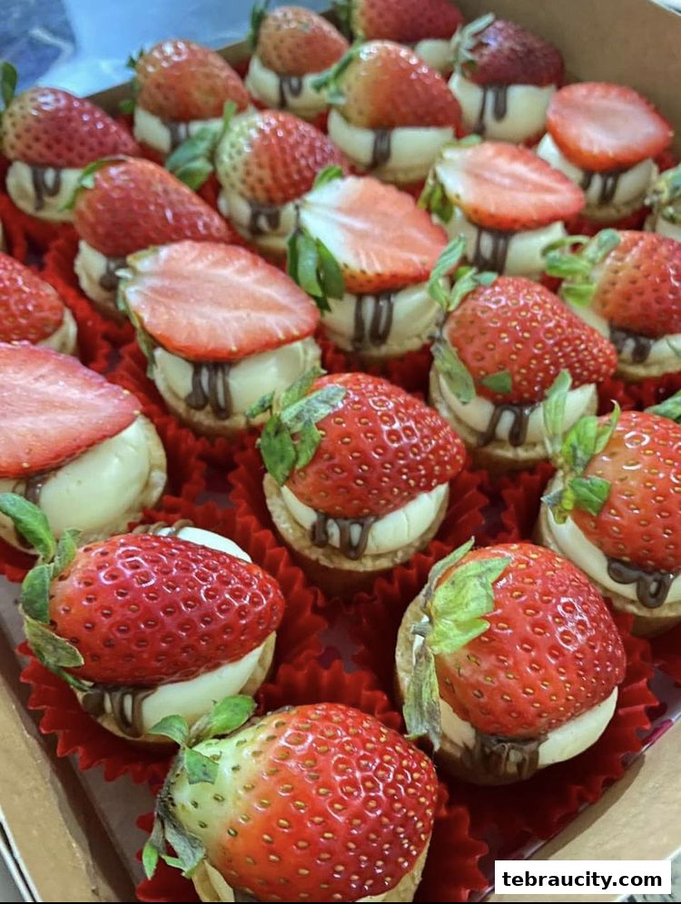 A close-up of a box filled with delicious strawberry desserts, each topped with a fresh strawberry.