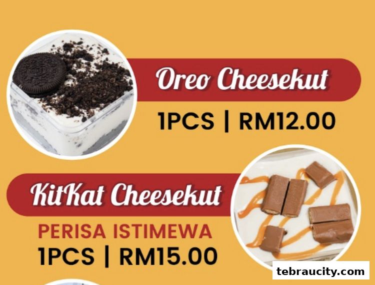 Delicious Oreo and Kit Kat cheesecakes with prices displayed.