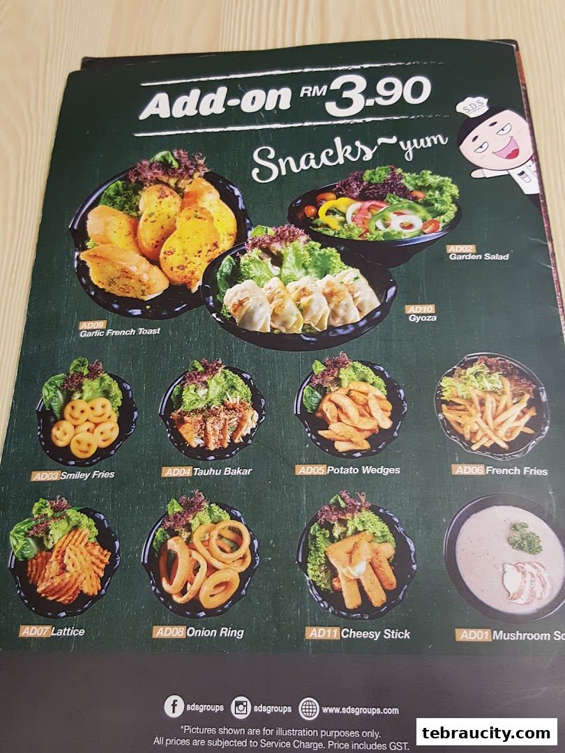 A menu showcasing various snacks and add-ons with appetizing images and descriptions.