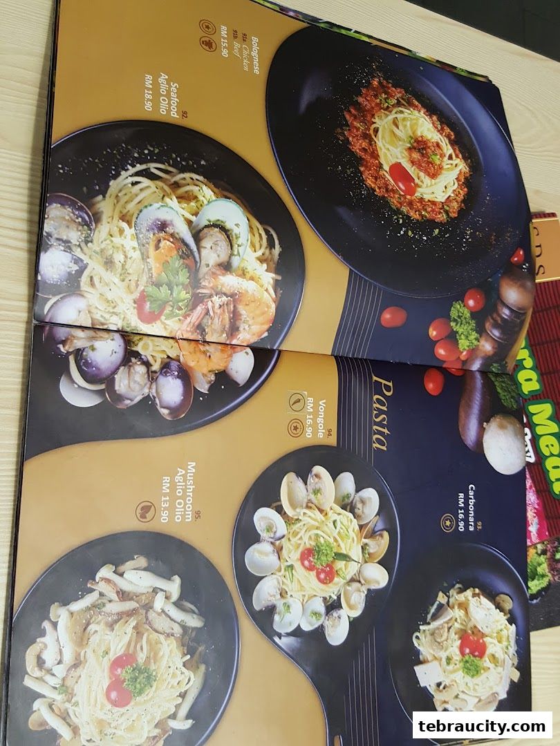 A menu featuring various pasta dishes with appetizing images and prices.