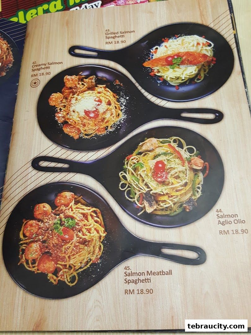 A menu page showcasing various salmon pasta dishes with prices.