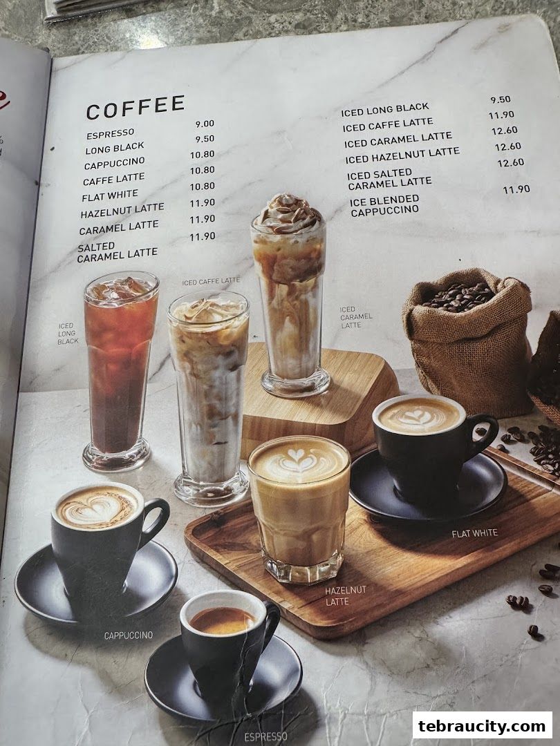 A menu page showcasing various coffee drinks with prices and appealing visuals.