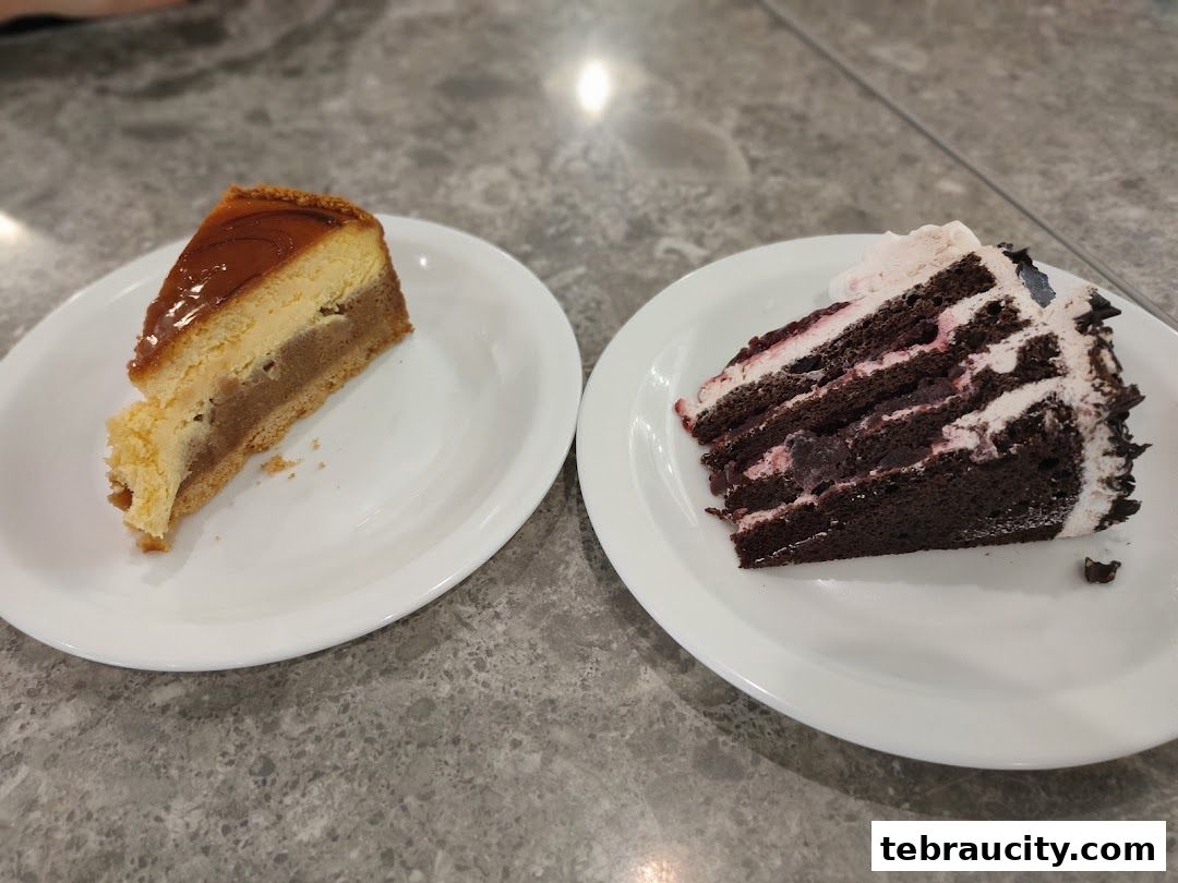 Two slices of cake, one caramel cheesecake and one chocolate layer cake, are displayed on white plates.
