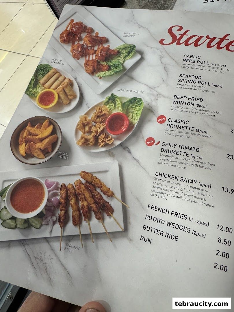 A menu from Secret Recipe featuring various appetizers like spring rolls, drumettes, wontons, and satay.