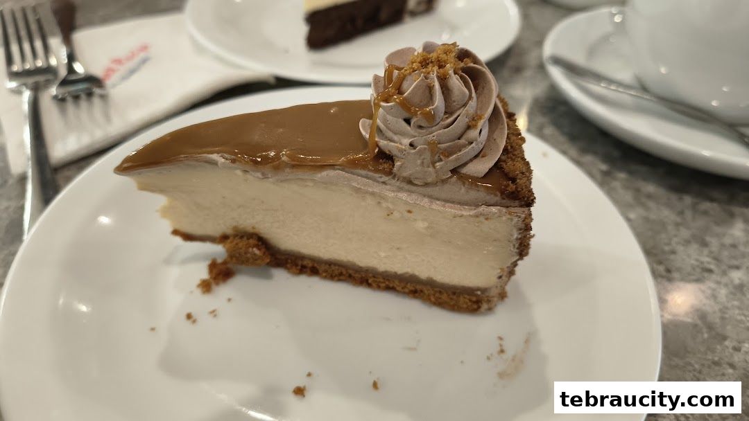 A slice of caramel cheesecake with whipped cream and caramel drizzle on a white plate.