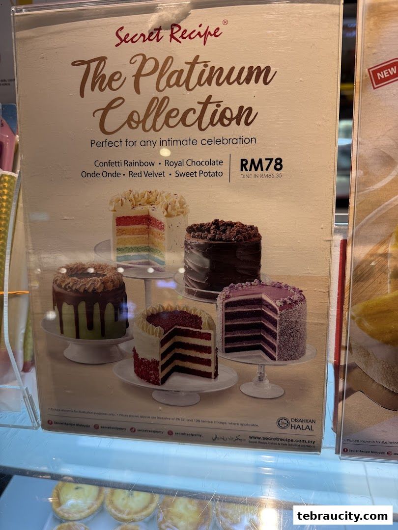 A display of Secret Recipe's Platinum Collection cakes for celebrations.