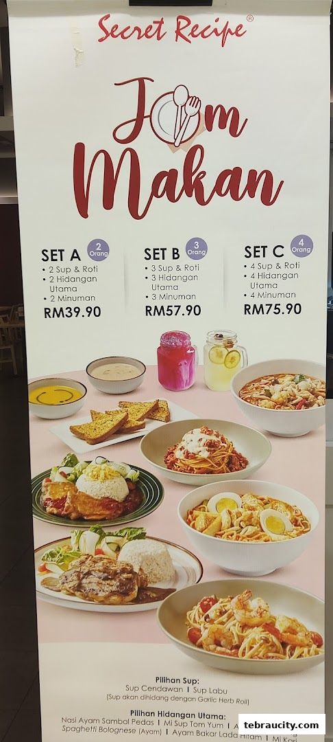 A promotional banner for Secret Recipe's 'Jom Makan' meal sets, showcasing various dishes and drinks.