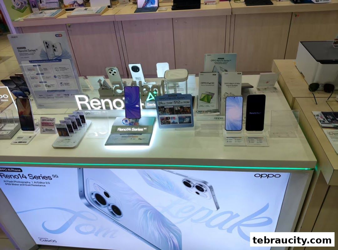 Display of OPPO Reno14 Series 5G phones and accessories at a retail store.
