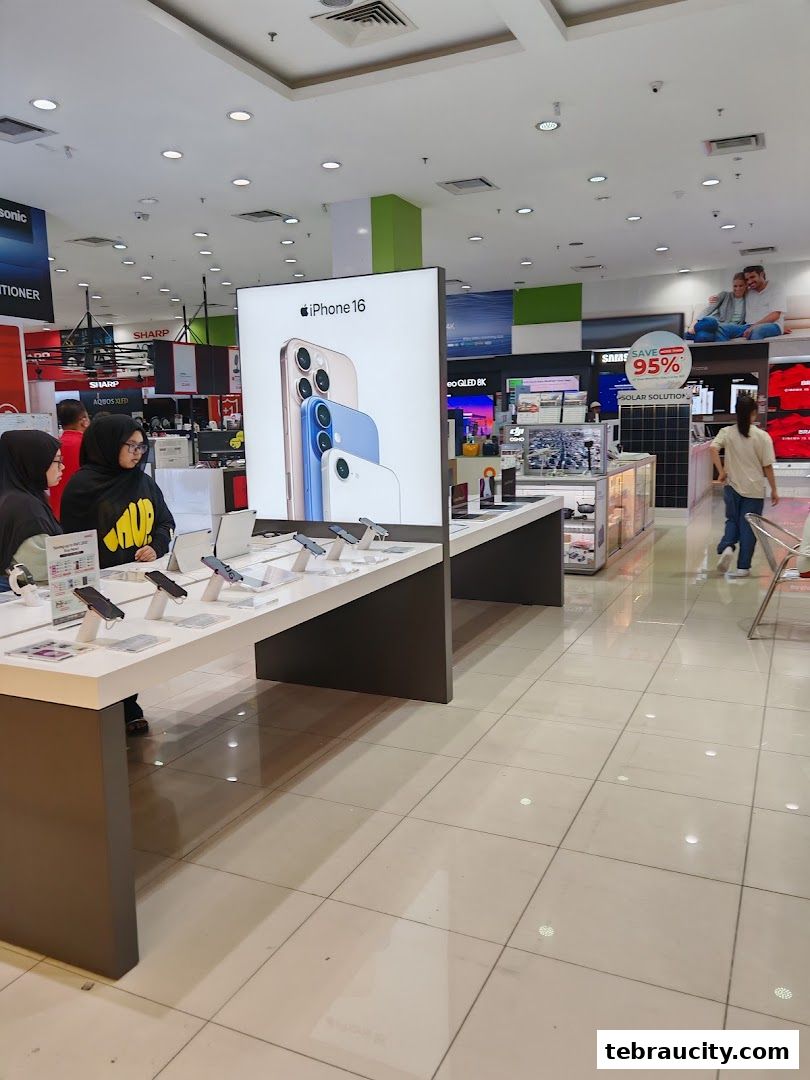 Interior view of an electronics store showcasing iPhones and other electronic devices.