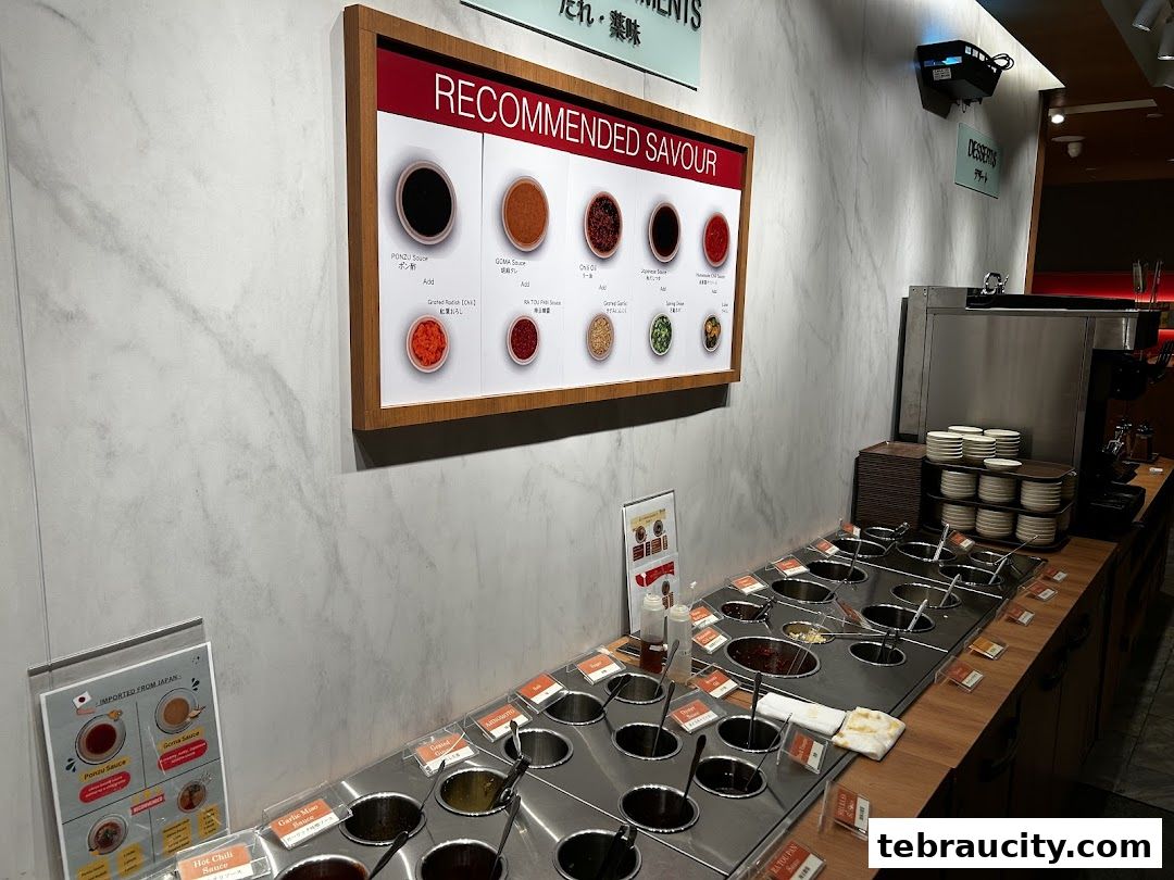 A selection of sauces and condiments displayed in a restaurant's self-serve station.