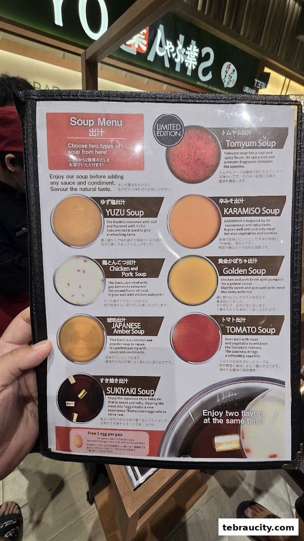 A menu showcasing various soup bases for shabu-shabu, with descriptions and images.