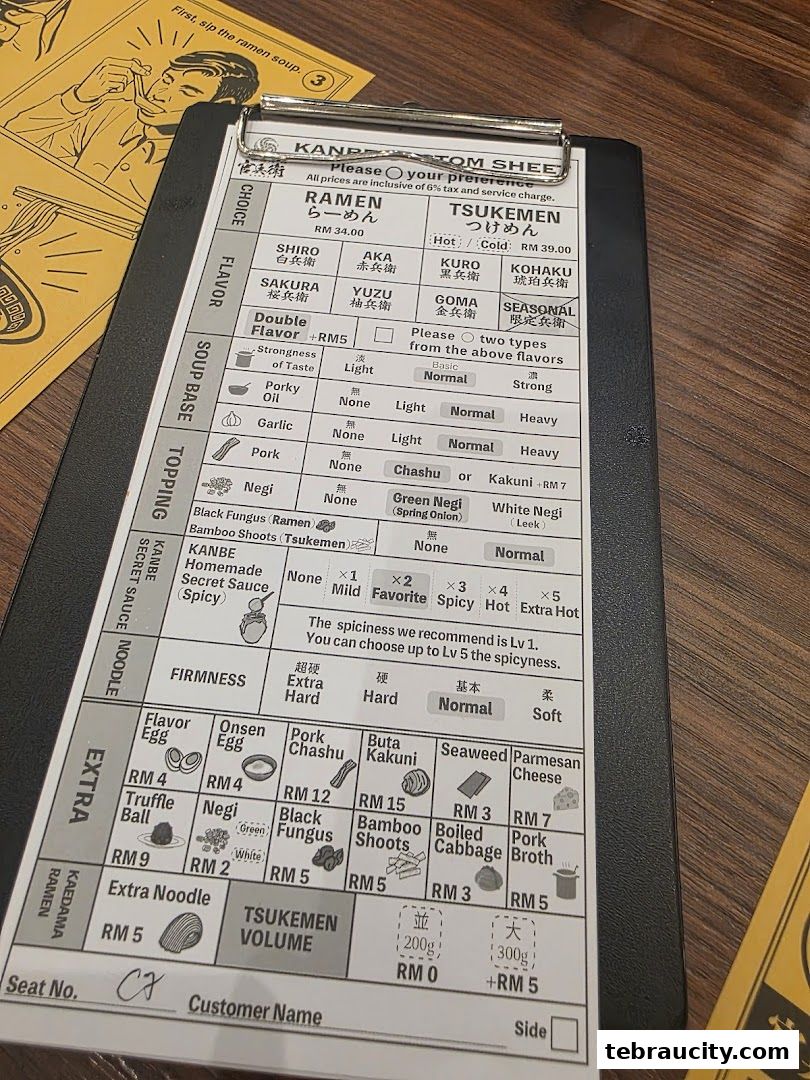 A menu for Ramen and Tsukemen with various flavor, soup base, topping, and extra options.