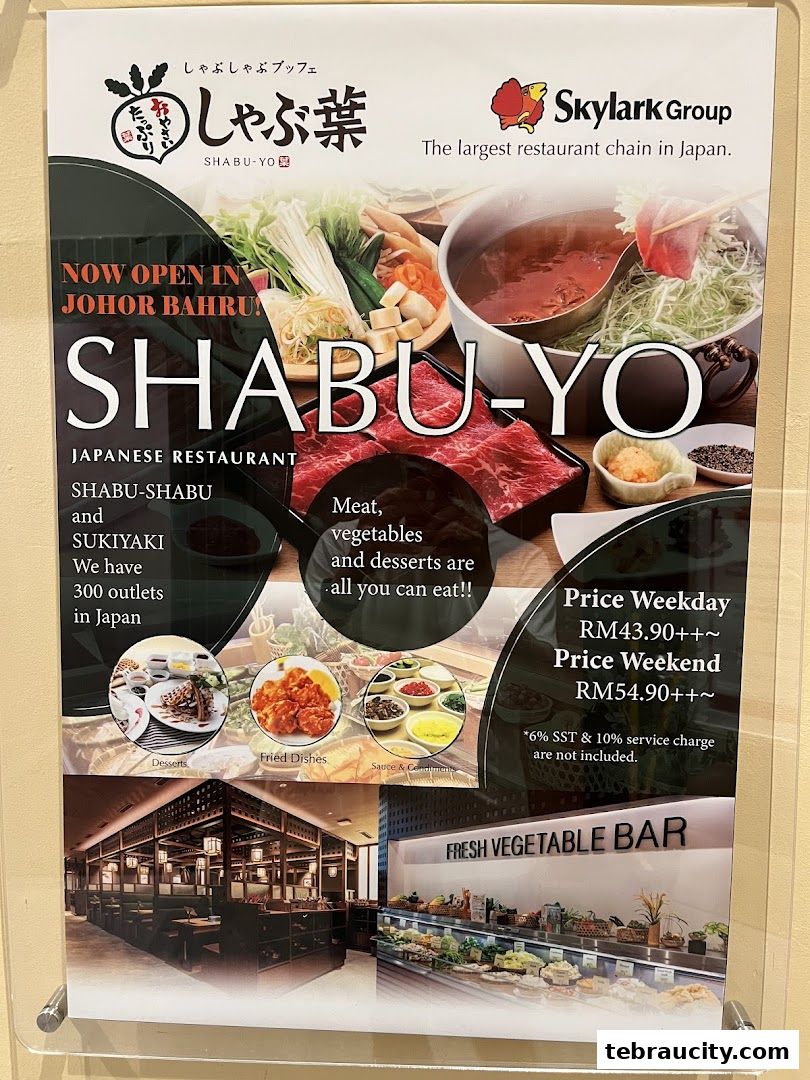 A promotional poster for Shabu-Yo Japanese Restaurant, highlighting its opening in Johor Bahru.