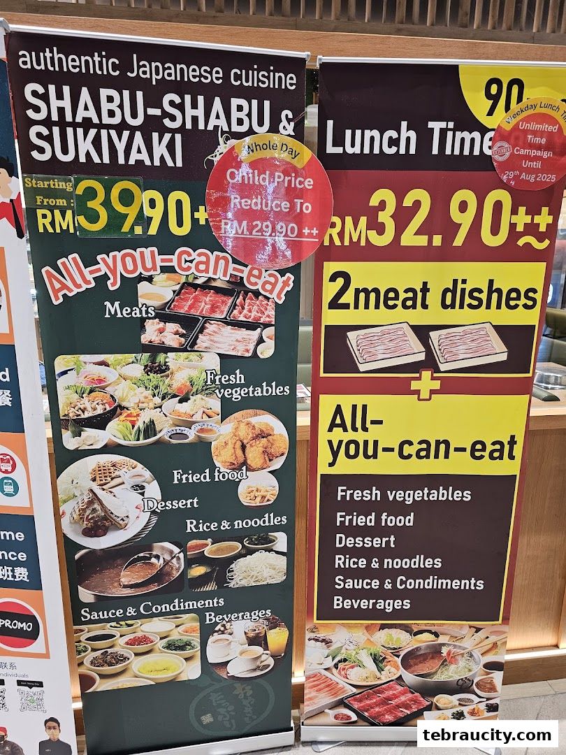 Banners advertising all-you-can-eat Shabu-Shabu and Sukiyaki with prices and included items.