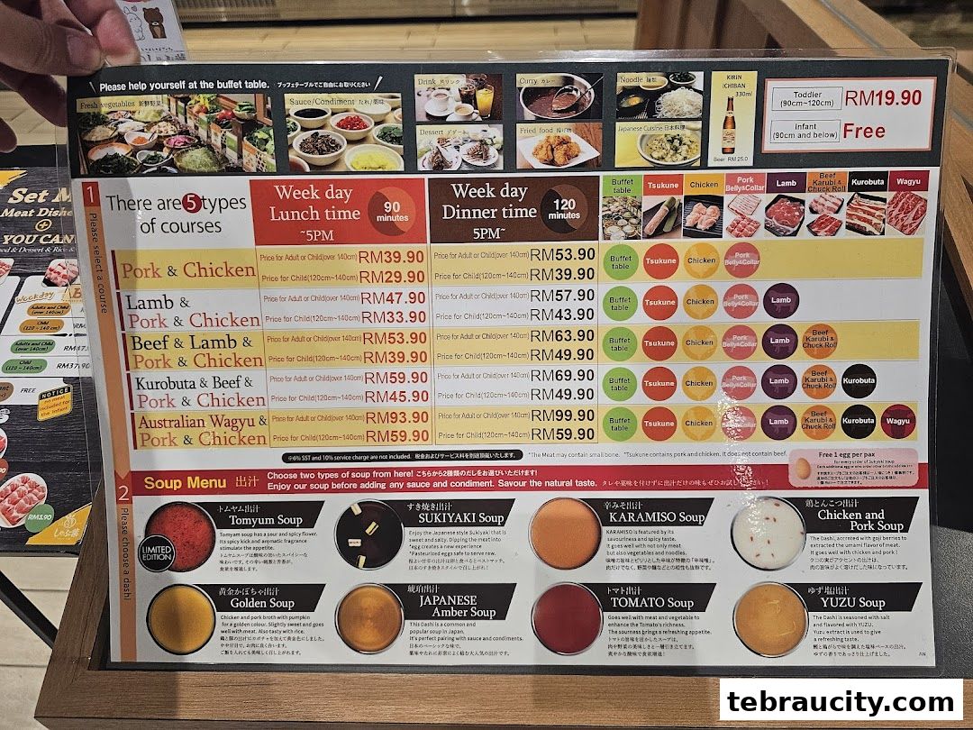 A menu displaying various shabu-shabu courses, soup options, and pricing.