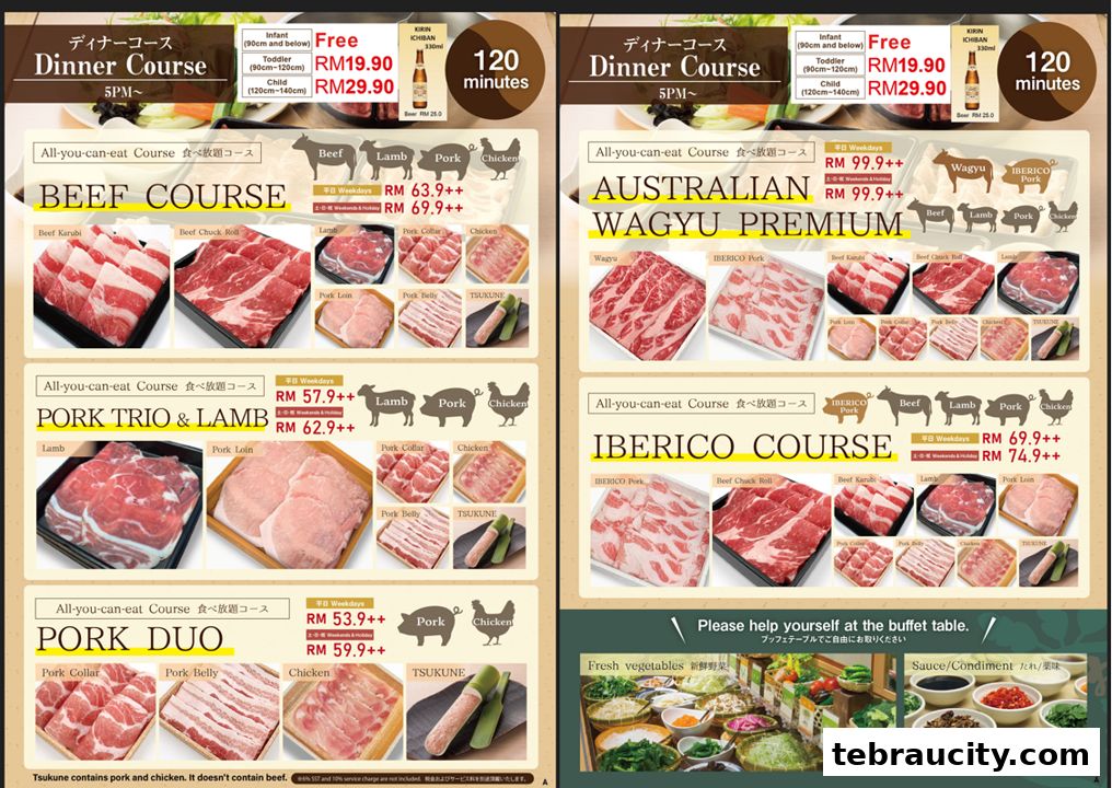 A menu showcasing various all-you-can-eat shabu-shabu courses with different meat options.