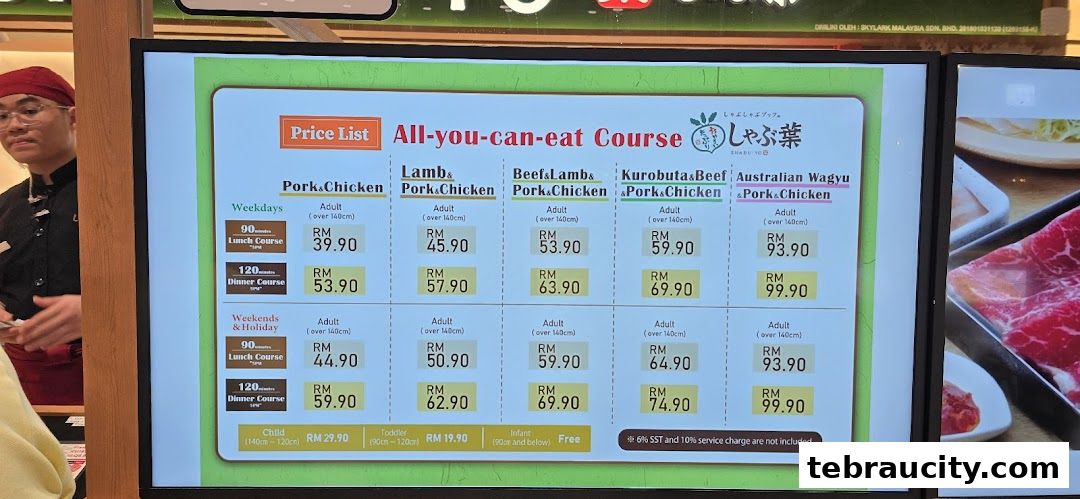A digital menu displaying all-you-can-eat shabu-shabu courses with prices.
