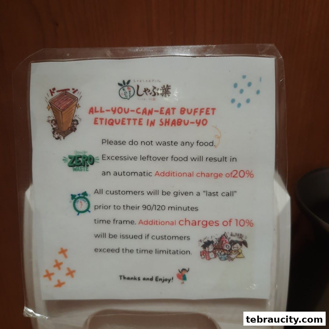 A sign detailing the all-you-can-eat buffet etiquette at Shabu-Yo.