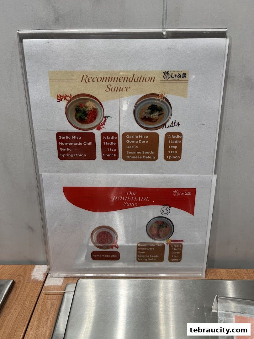 A menu displaying recommended and homemade sauce recipes for Shabu-Yo.