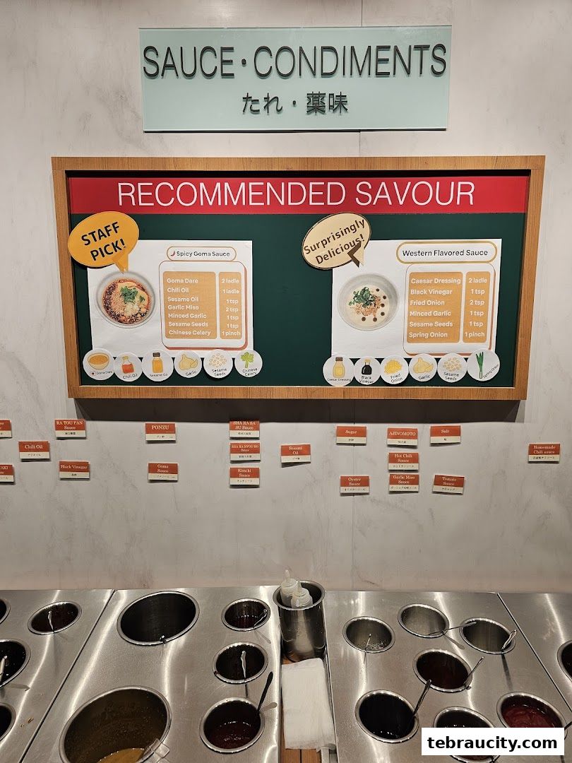 A display of sauces and condiments with recommended recipes for spicy goma and western flavored sauces.