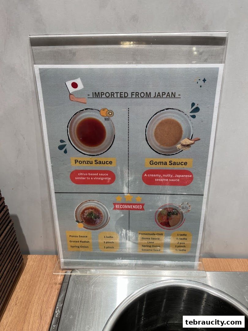 A sign displaying two Japanese sauces, Ponzu and Goma, with recommended ingredient combinations.