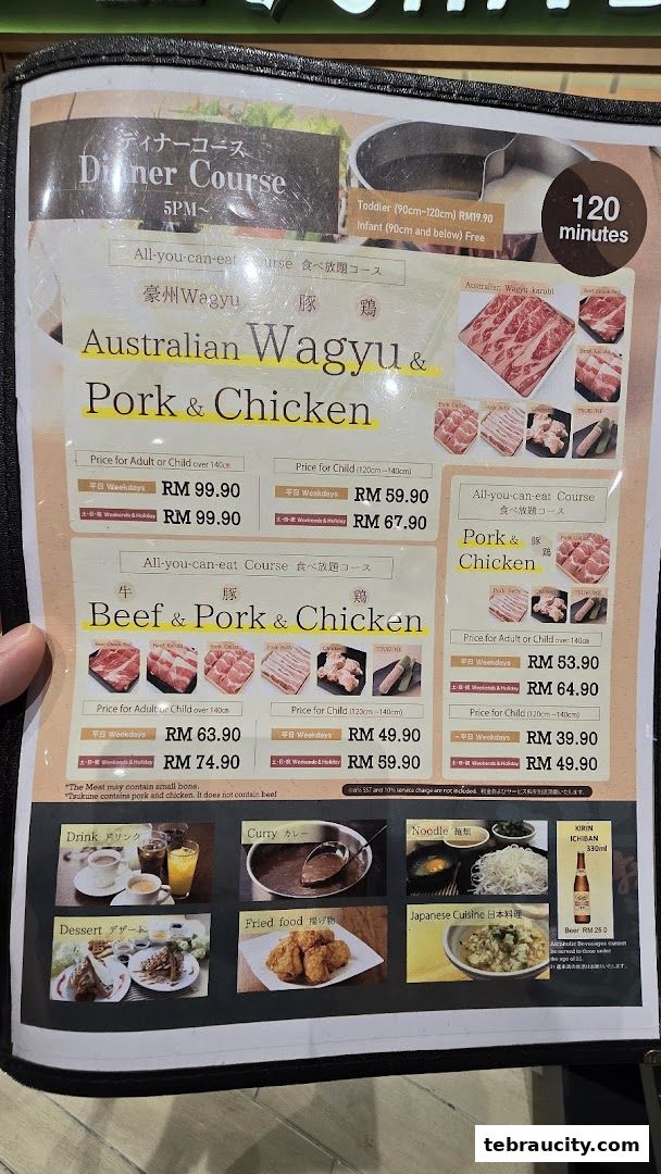 A menu for Shabu-Yo featuring all-you-can-eat Australian Wagyu, Pork, Chicken, and Beef.