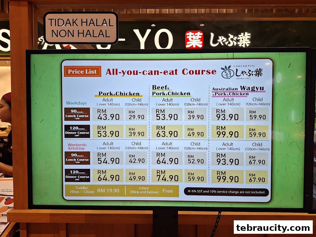 A digital menu board displaying all-you-can-eat shabu-shabu courses with prices.
