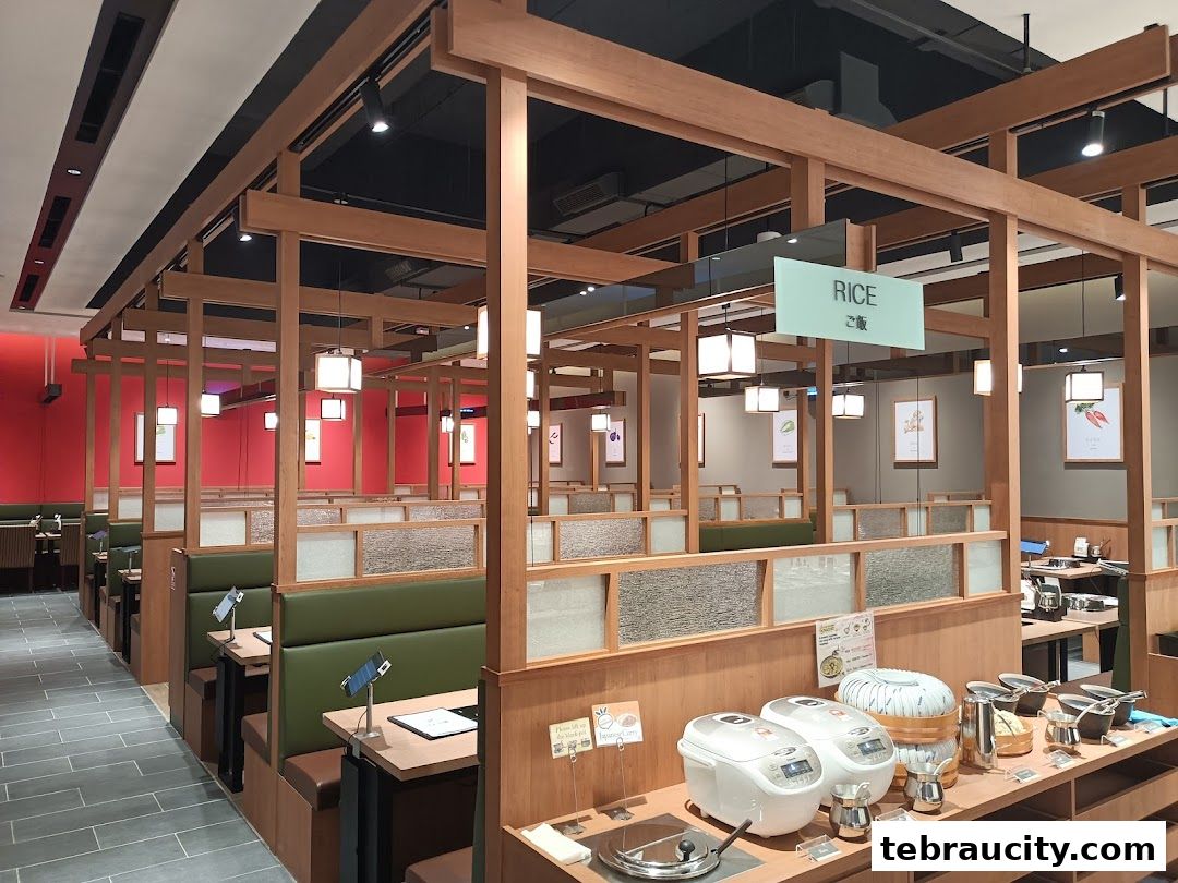 Interior of a Shabu-Yo restaurant with private dining booths and a buffet counter.