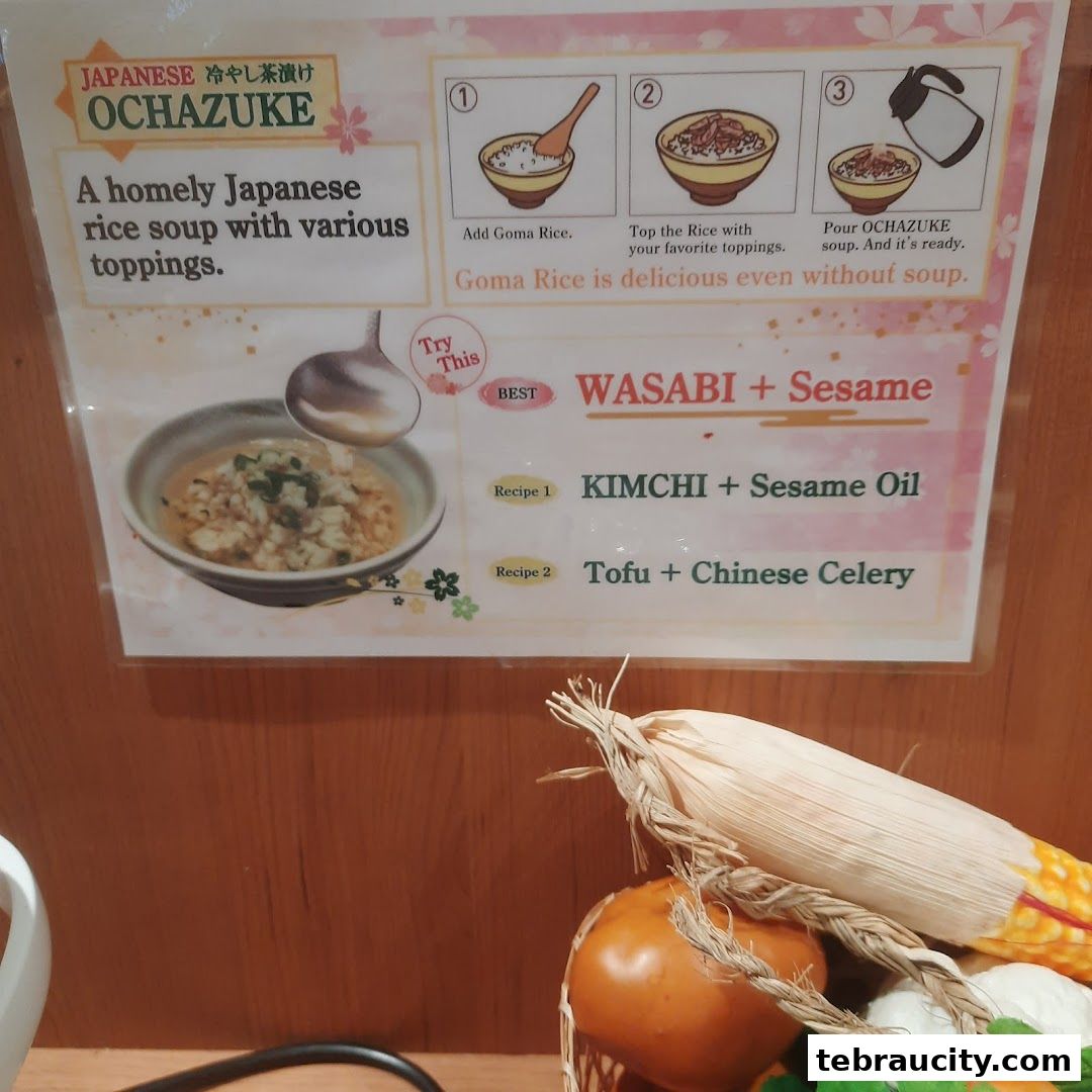 A sign displaying the Japanese dish Ochazuke with preparation steps and topping suggestions.