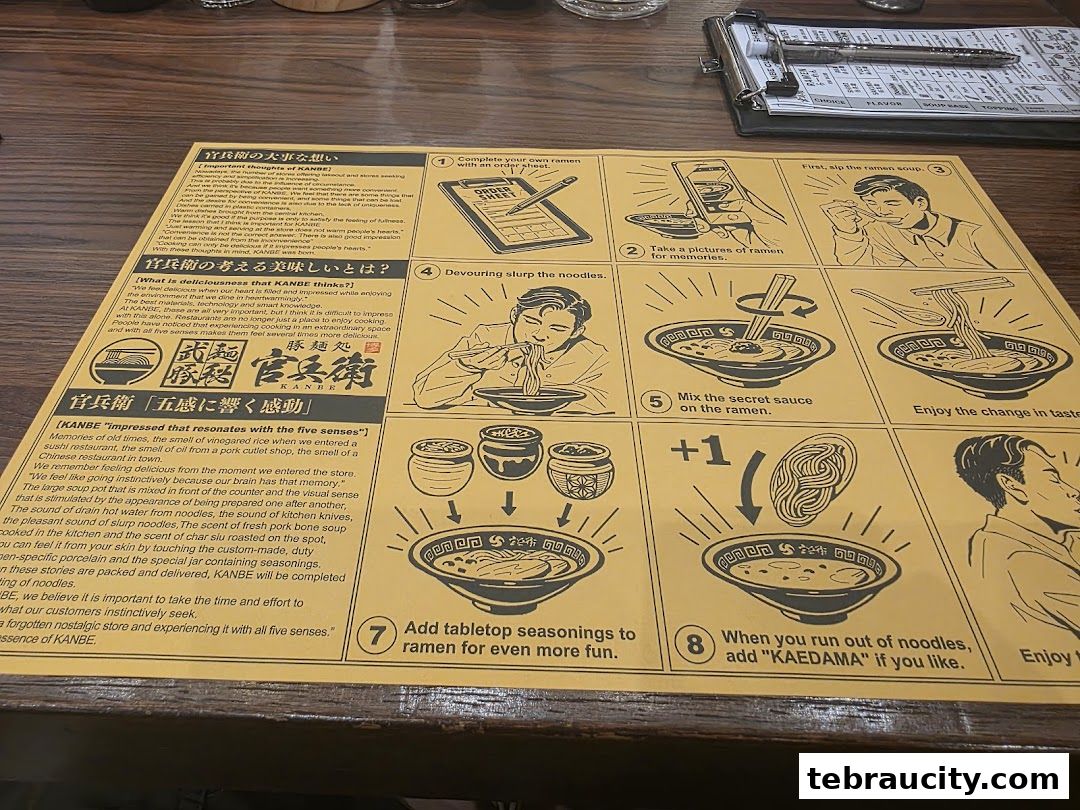 A yellow placemat with illustrated instructions on how to enjoy ramen at Shabu-Yo.