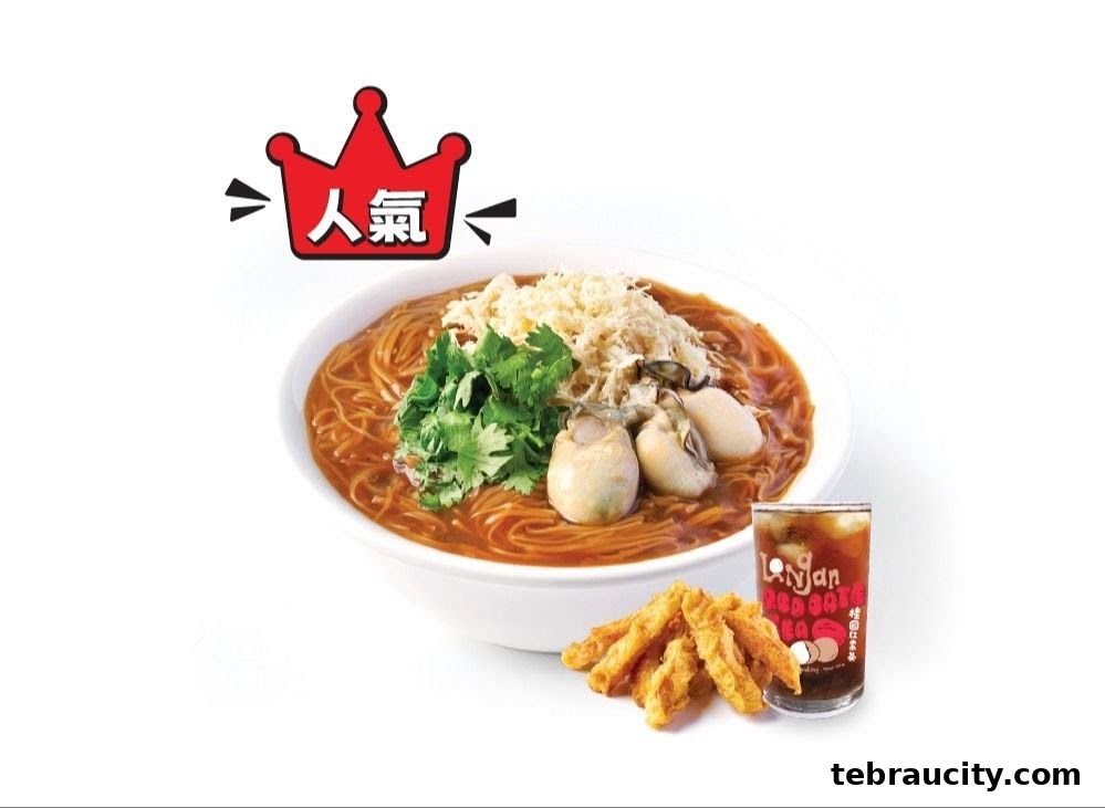 A bowl of oyster mee sua with fried snacks and a drink, featuring a 'popular' crown logo.