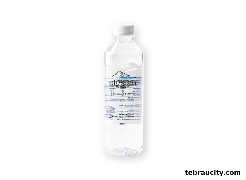 A bottle of Elysian premium alkaline water with a white cap and label.