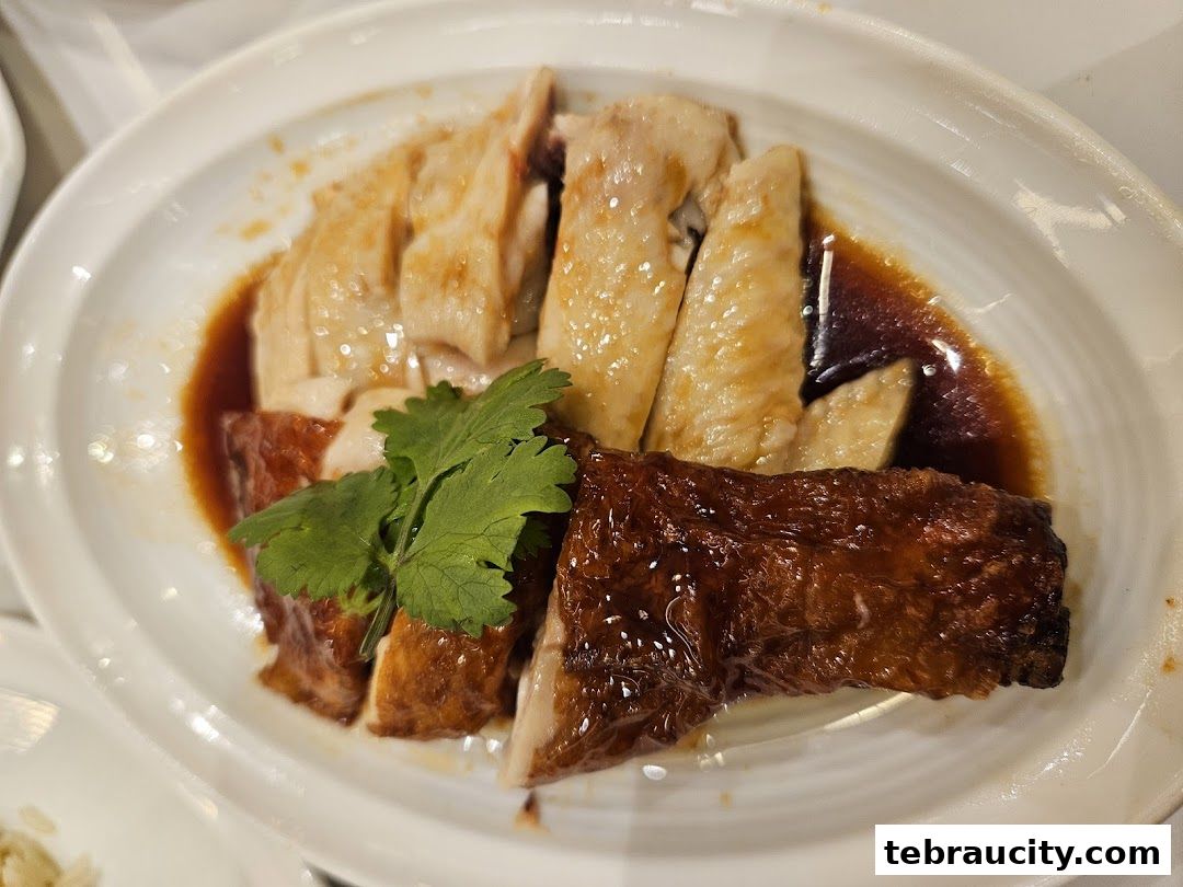 A plate of Hainanese chicken rice with roasted chicken and a sprig of cilantro.