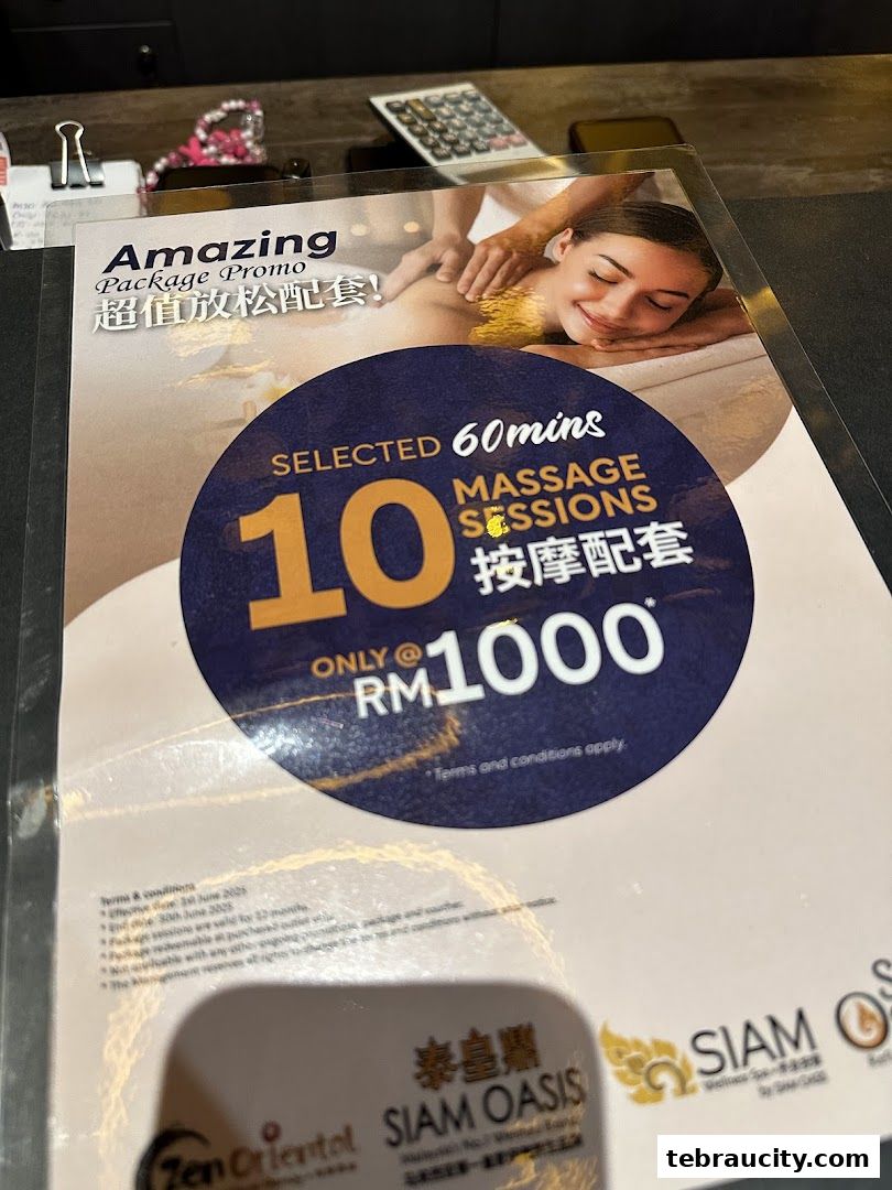 A promotional flyer for Siam Oasis offering 10 massage sessions for RM1000.