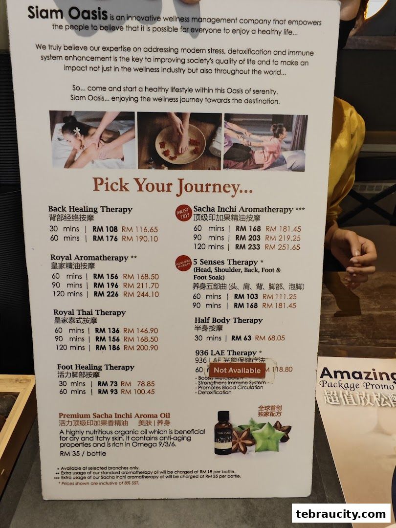 A menu from Siam Oasis offering various wellness therapies and aromatherapy oils.