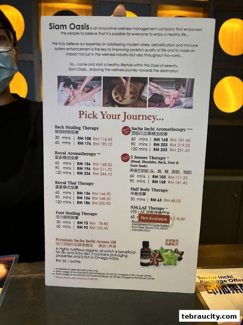 A menu from Siam Oasis offering various wellness therapies and aromatherapy treatments.