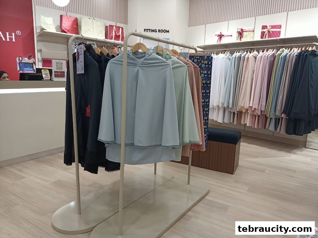 A retail shop interior displaying a variety of modest fashion clothing on racks.