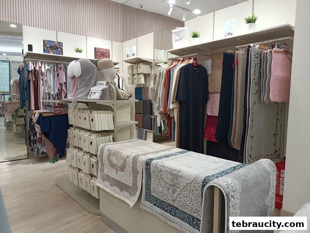 Interior view of a retail store showcasing Islamic clothing and prayer mats.