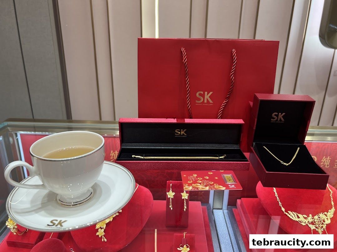 SK Jewellery display featuring gold jewelry, gift bags, and a tea set.