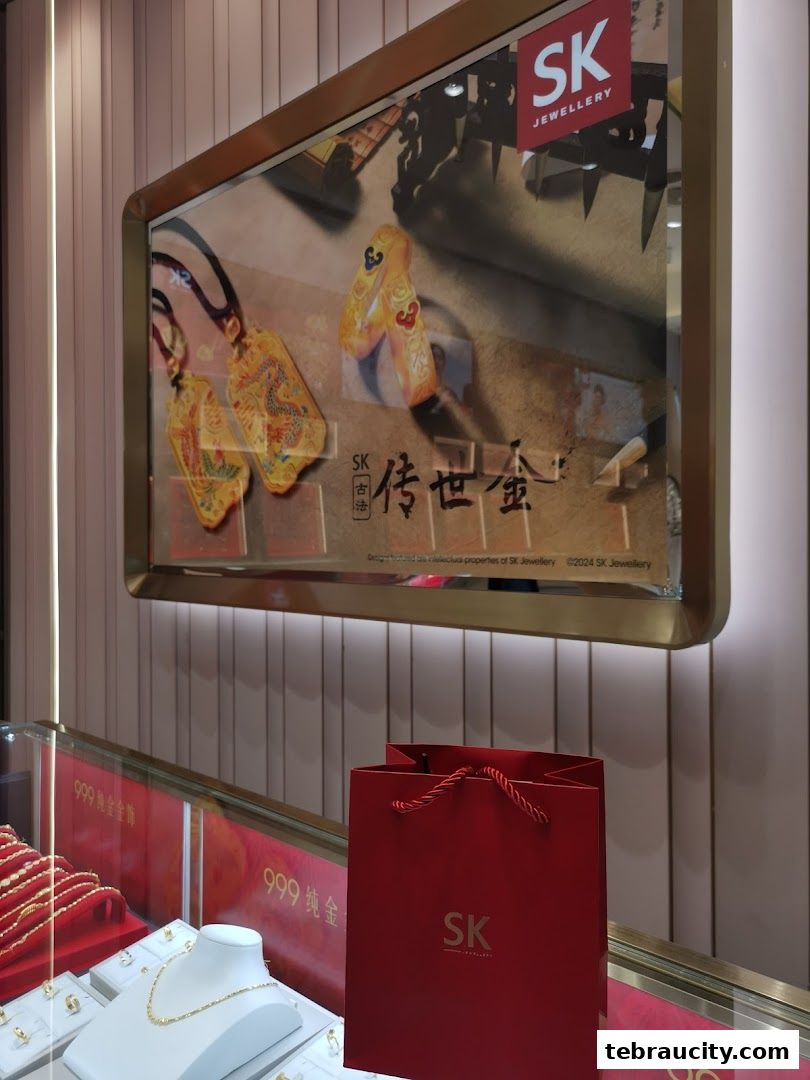 SK Jewellery shop display featuring gold jewelry and a branded shopping bag.
