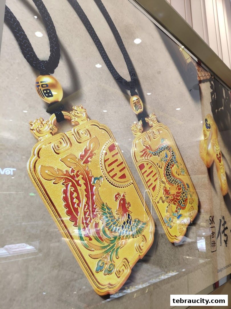 Close-up of two ornate gold pendants featuring a phoenix and a dragon design.