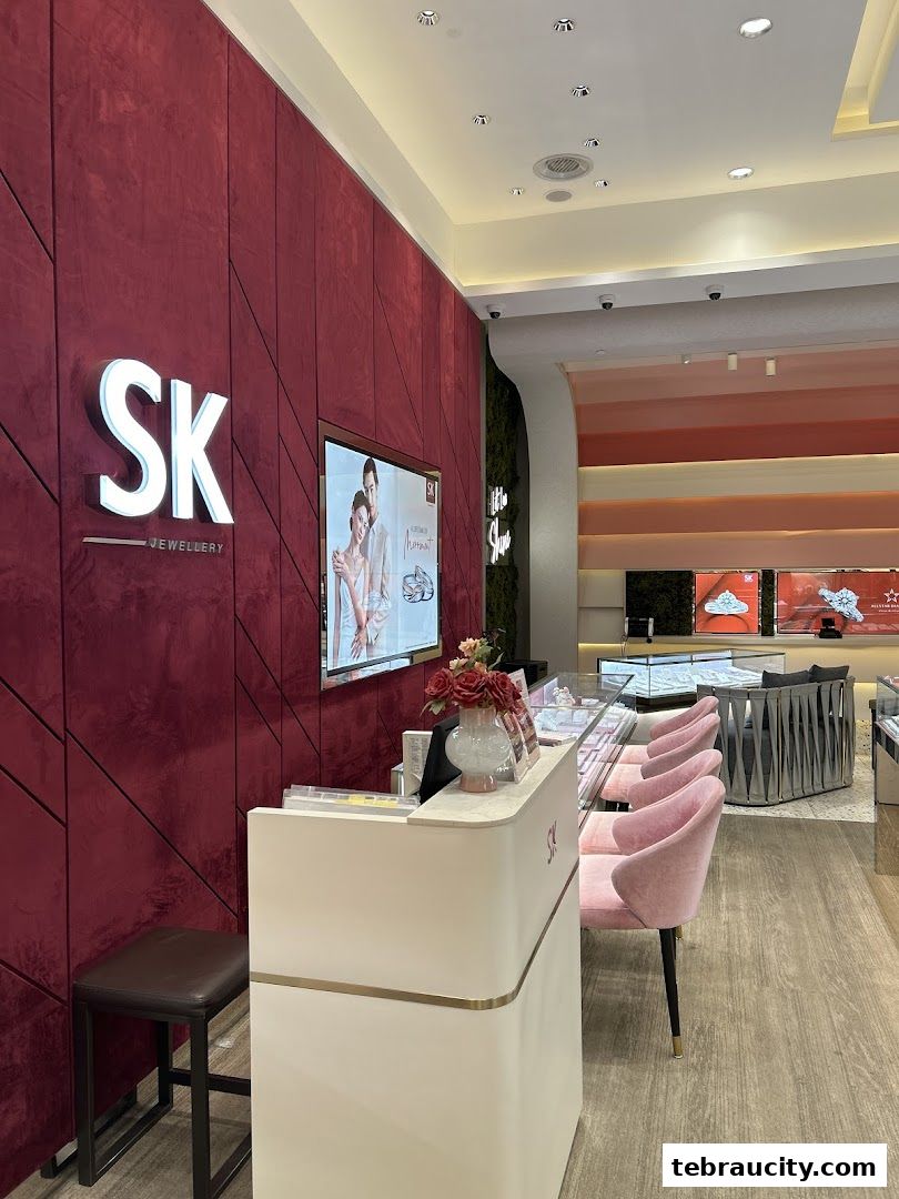 Interior view of SK Jewellery shop with a reception desk and display cases.