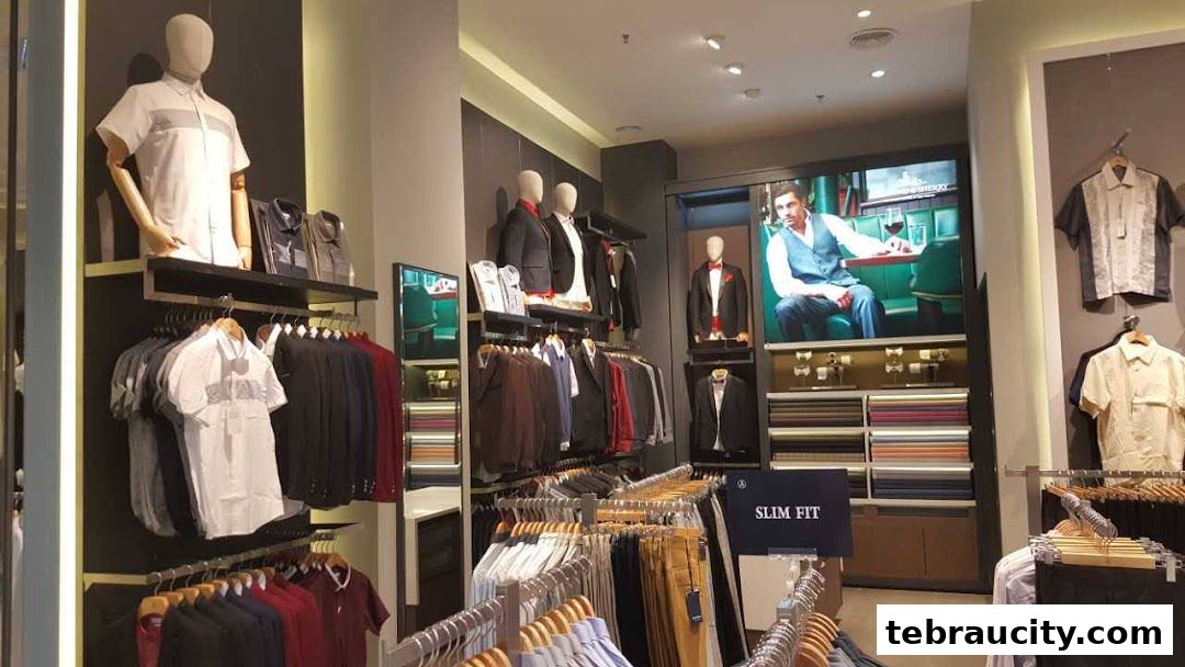 Interior view of a men's clothing store showcasing suits, shirts, and fabric swatches.